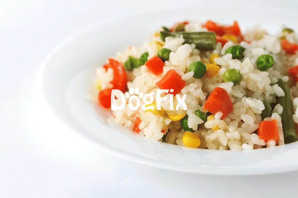Colorful cooked rice with vegetables, suitable for dogs' nutritious diet.