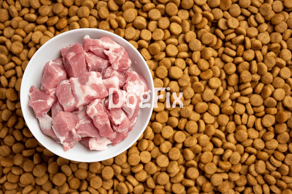 High-quality raw chicken meat for dog diet, placed on dry kibble for pet nutrition.