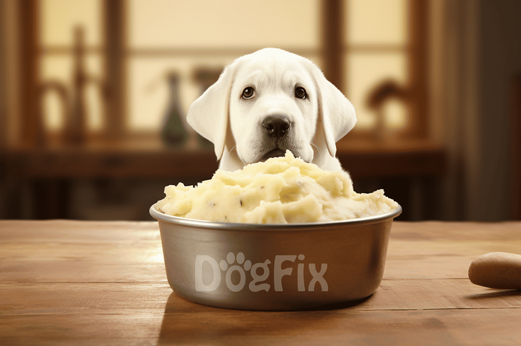 Adorable Labrador puppy with a bowl of mashed potatoes, promoting healthy dog diet care.