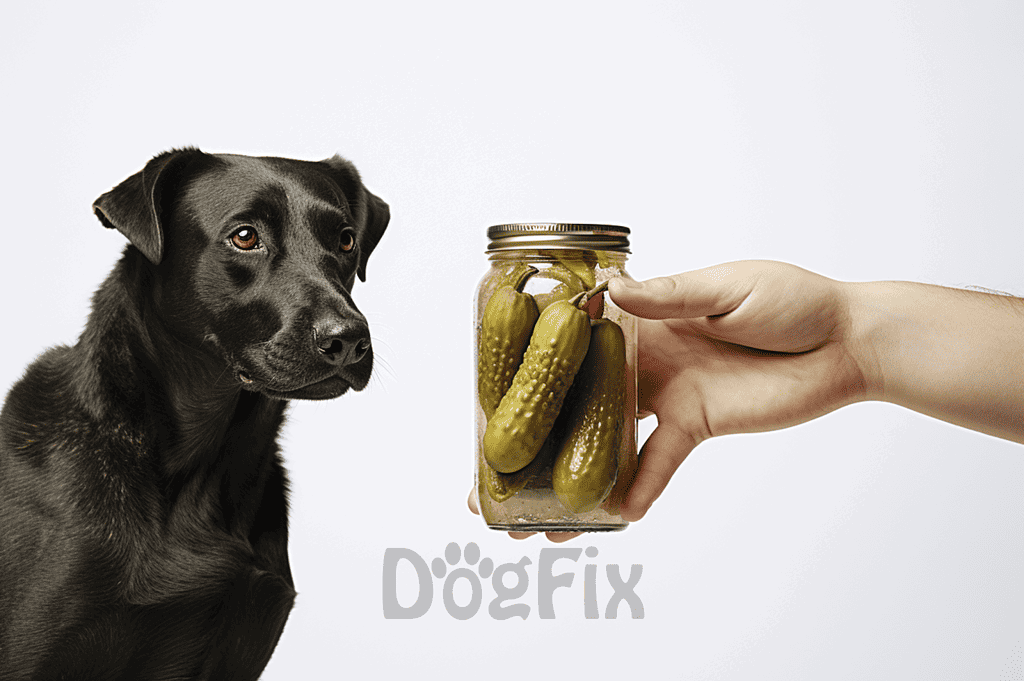 Dog looking at jar of pickles, humane pet care, dog nutrition, healthy treats for dogs, Dogfix.com.