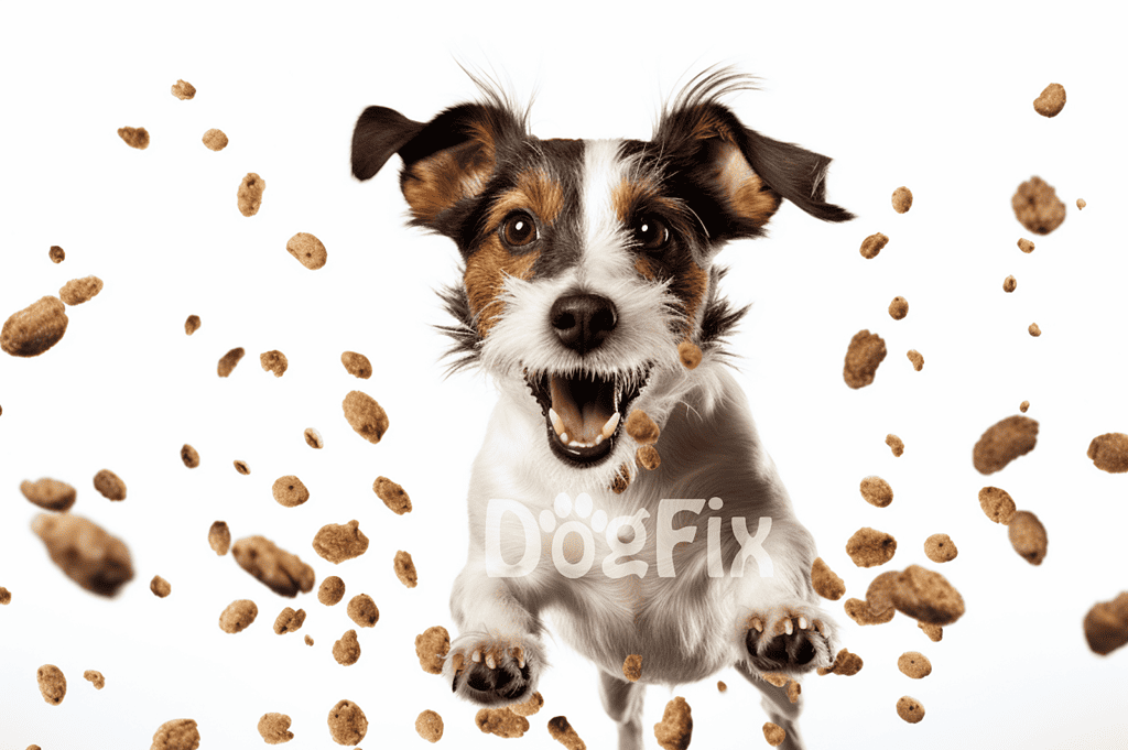 Adorable dog catching kibble mid-air, showcasing pet agility and playful nature.