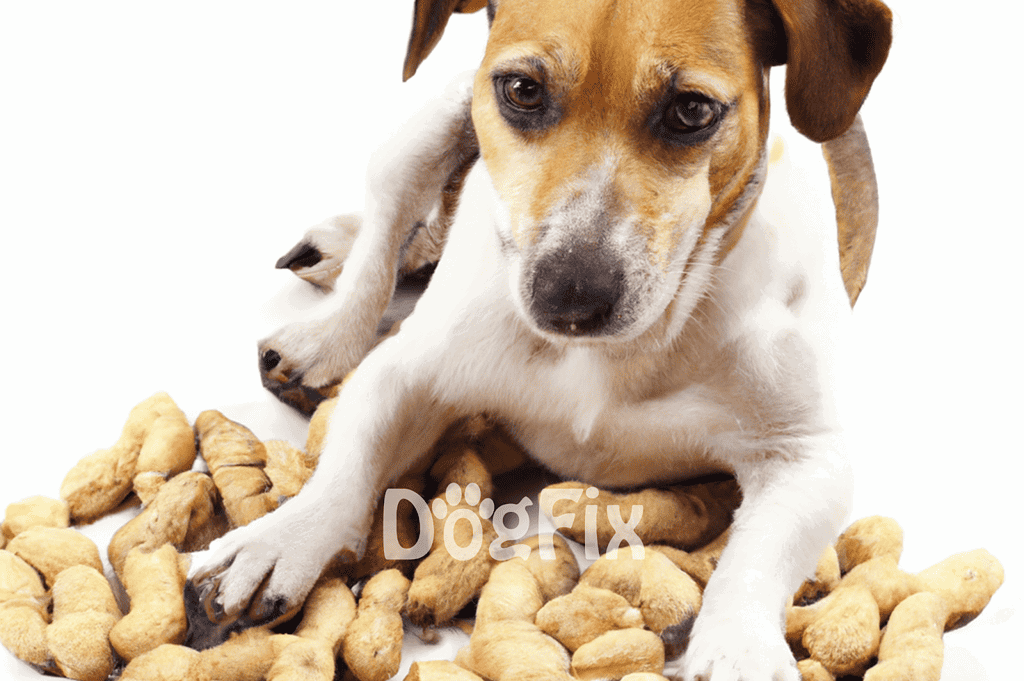 Adorable puppy surrounded by crunchy peanut-shaped dog treats on white background.