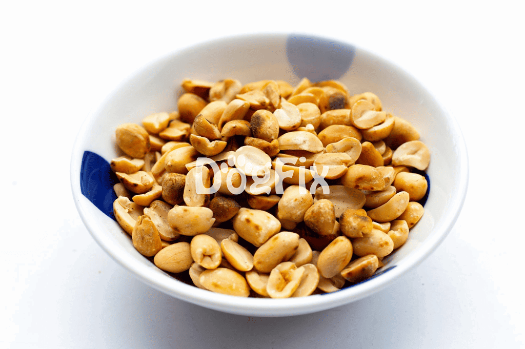 Close-up of roasted peanut treats for dogs in a white and blue bowl.