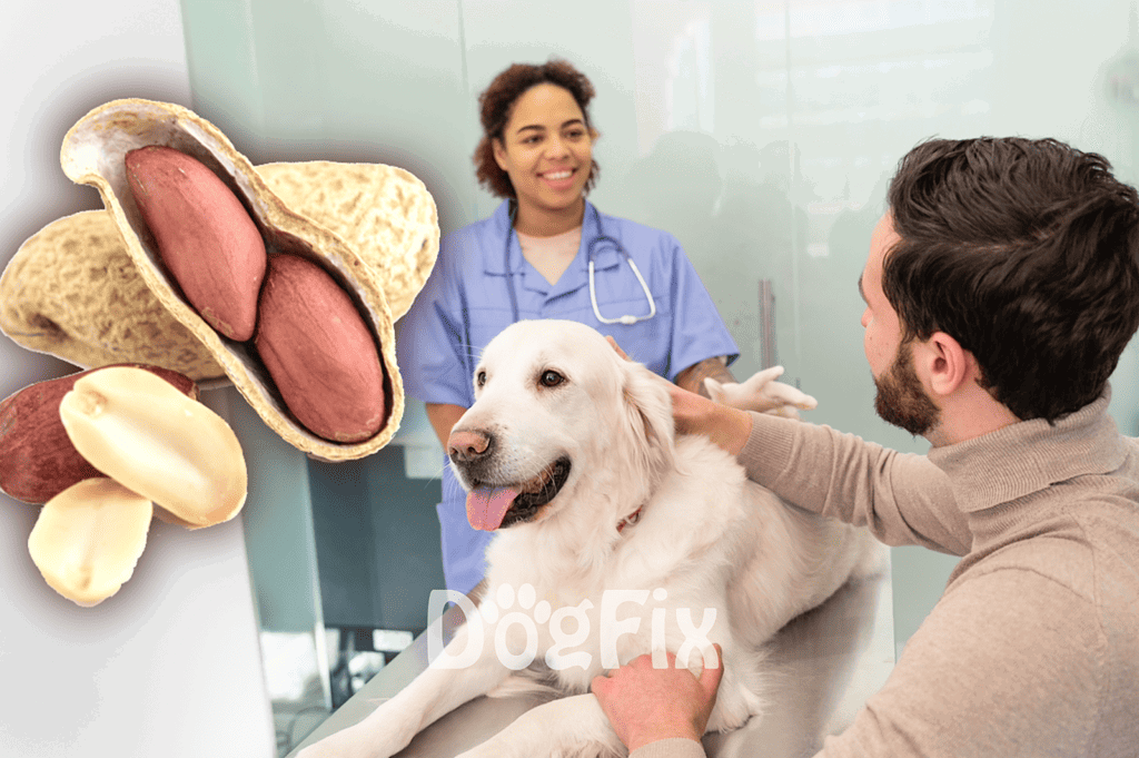 Vet and pet owner consultation at veterinary clinic for dogs.