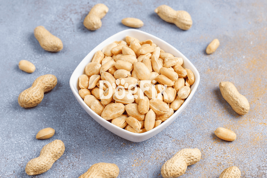 Peanut shaped dog treats in a white bowl with scattered peanuts around, on a textured gray surface.