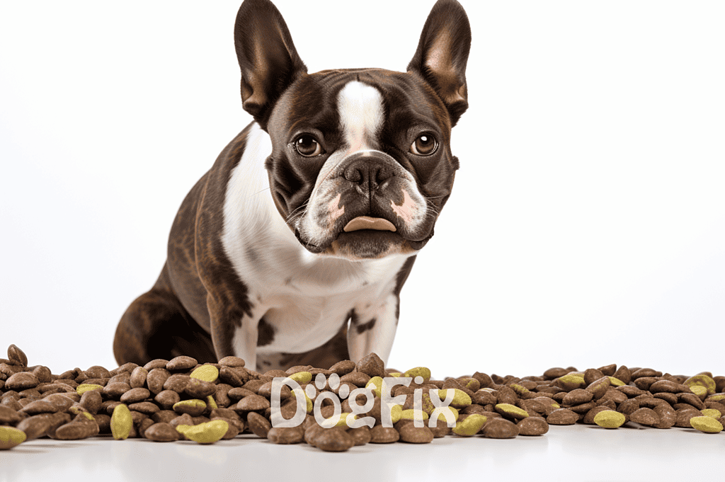 Adorable French Bulldog surrounded by dog food, promoting healthy pet nutrition via DogFix.com.