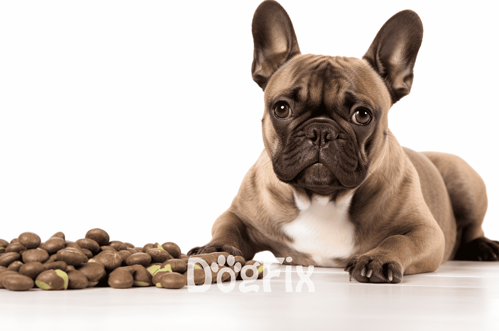 Adorable French Bulldog puppy lying next to dry dog food on a white background.