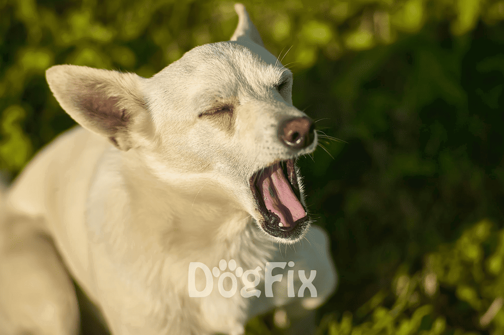 Dog yawning outdoors for relaxation, showcasing healthy and happy pets with outdoor dog care tips.