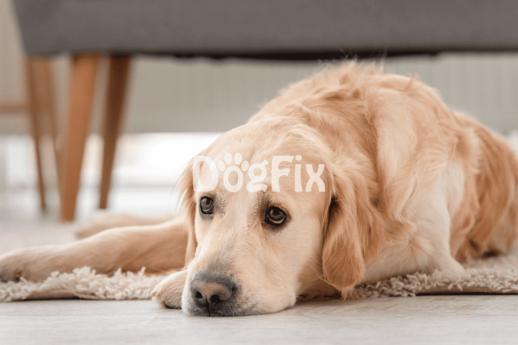 Adorable Golden Retriever lying on the floor, looking sad or tired.