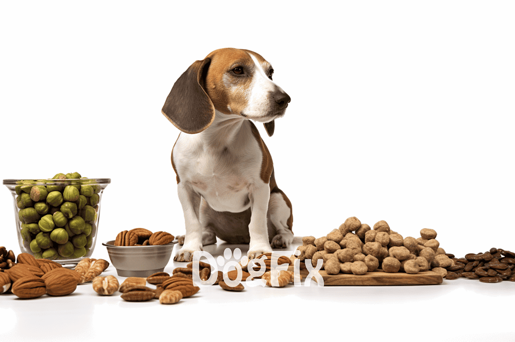 Cute beagle puppy surrounded by dog treats, nuts, and healthy snacks for optimal pet nutrition.