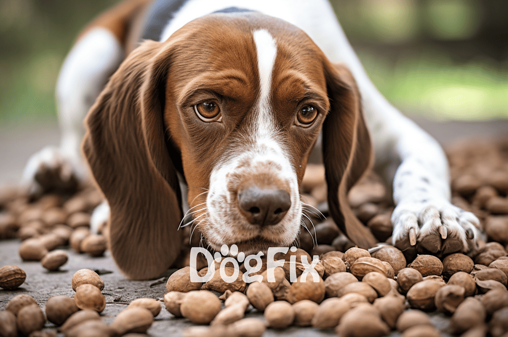 Adorable basset hound puppy resting on walnuts, outdoor scene, cute dog, playful puppy, pet photography.