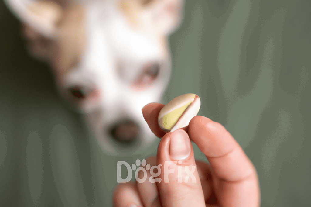 Close-up of a person holding a tablet with a dog in the background.