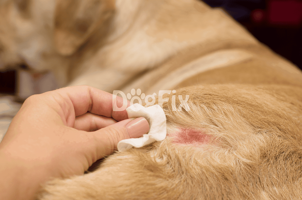 Close-up of a dog's skin irritation with a veterinarian holding a cotton swab.