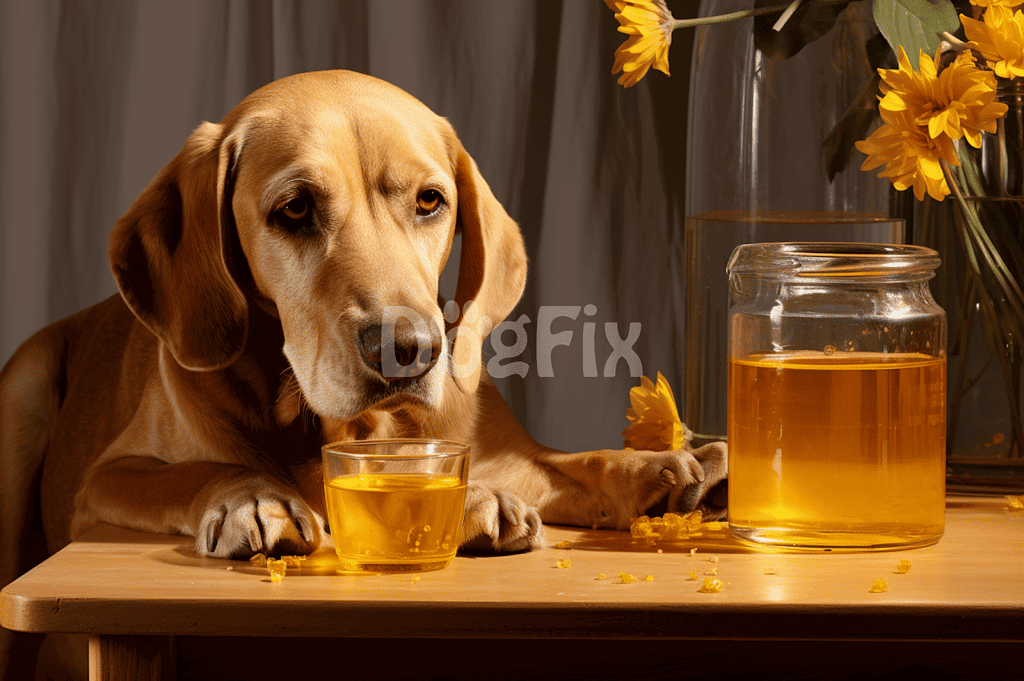 Dog drinking honey from a small glass on a wooden table with flowers.