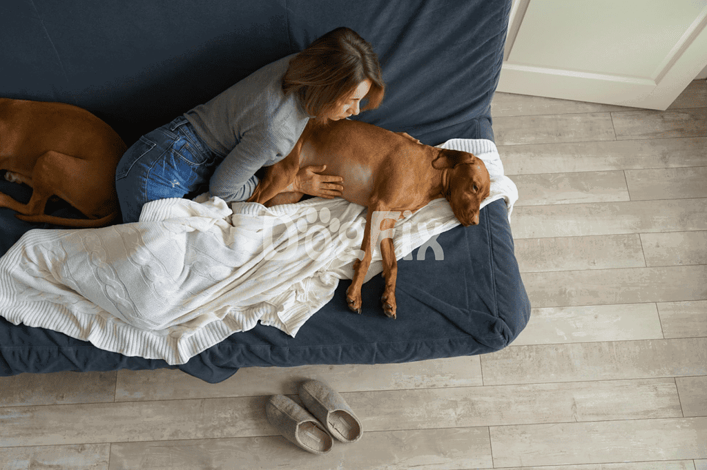 Dog relaxing on sofa with owner, emphasizing pet comfort and care.