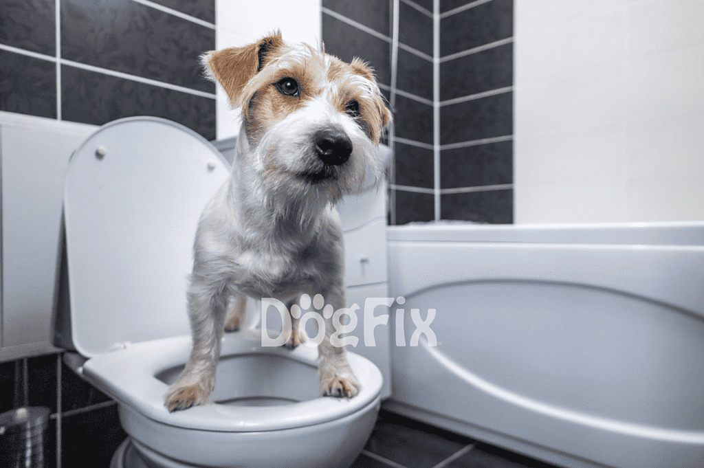 Adorable dog standing on toilet lid, ready for bathroom break, showcasing pet toilet training services.