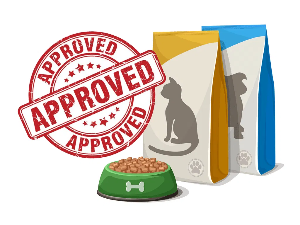 Dog food bags with a "Approved" stamp, healthy dog meal in a bowl, pet nutrition and quality assurance.