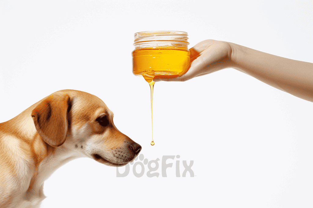 Dog and honey jar with honey drip, pet health and wellness concept.