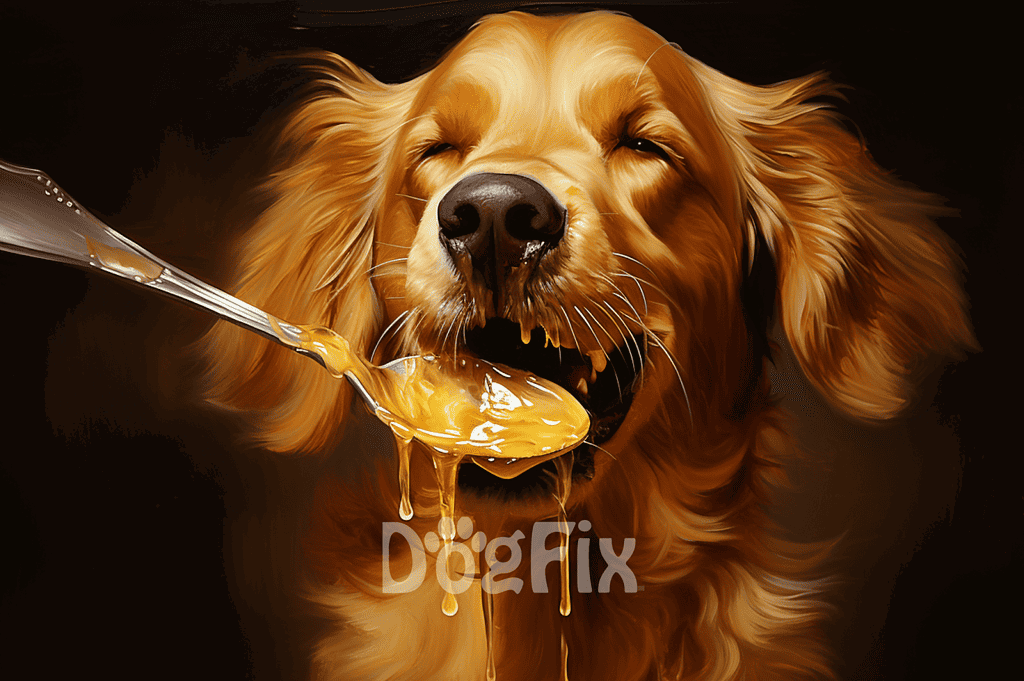 Golden retriever dog licking honey with open mouth, close-up of face.