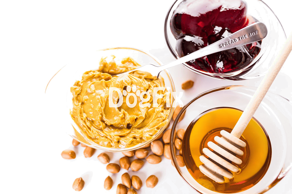 Close-up of homemade dog-friendly nutritious treats with honey, jam, and seeds on a white background.