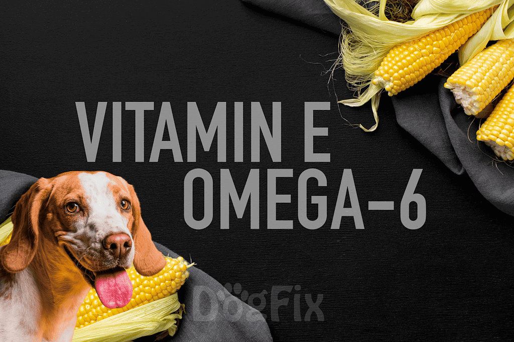 Dog with corn on black background, promoting dog health supplements.