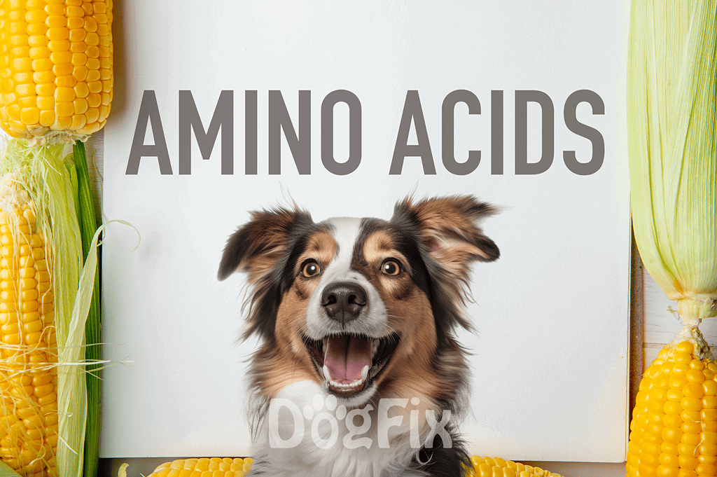 Dog with happy expression surrounded by corn and vegetables, emphasizing amino acids in dog nutrition and supplements.
