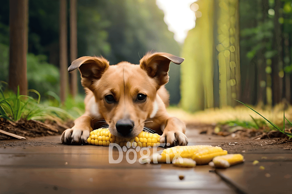 Adorable puppy chewing corn outdoors in a forest setting.