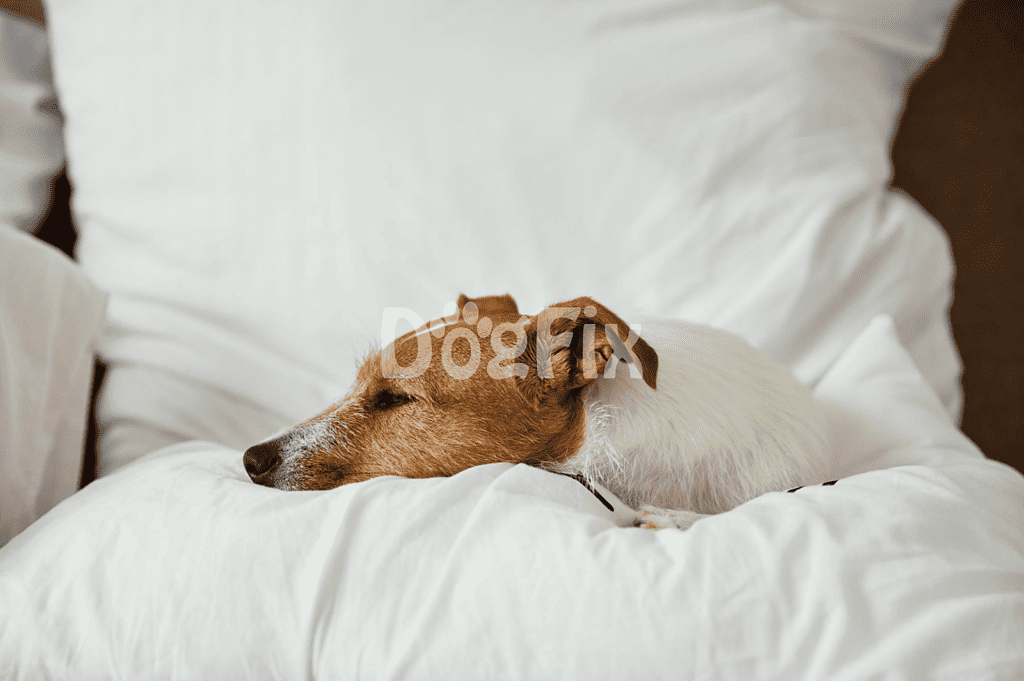 Dog resting comfortably on soft bedding in a cozy home environment.