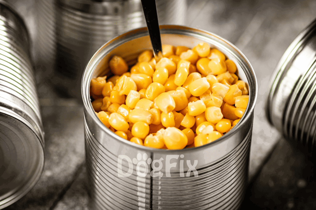 Canned corn in a metal can with a spoon, ideal for dog food recipes and pet nutrition.
