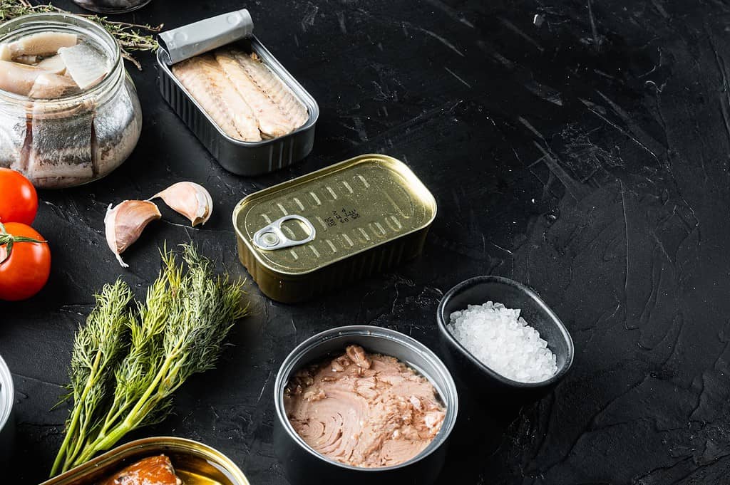 Dog food ingredients including canned fish, fresh vegetables, salt, and herbs.