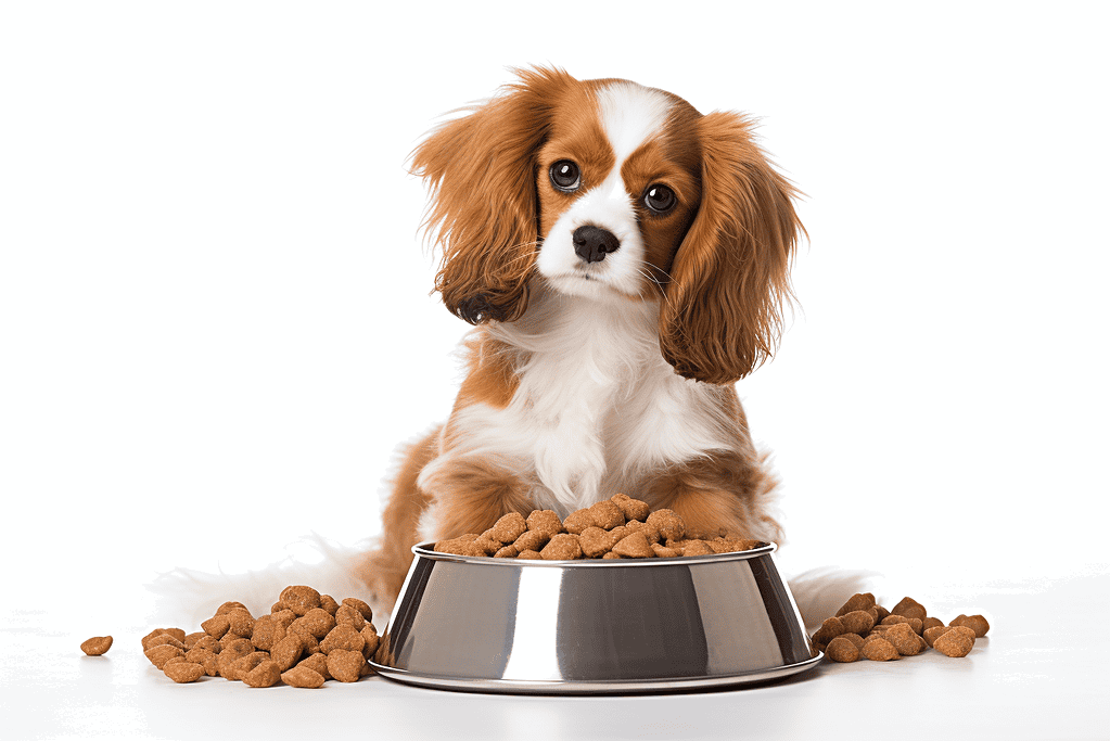 Dog eating kibble from metal bowl.