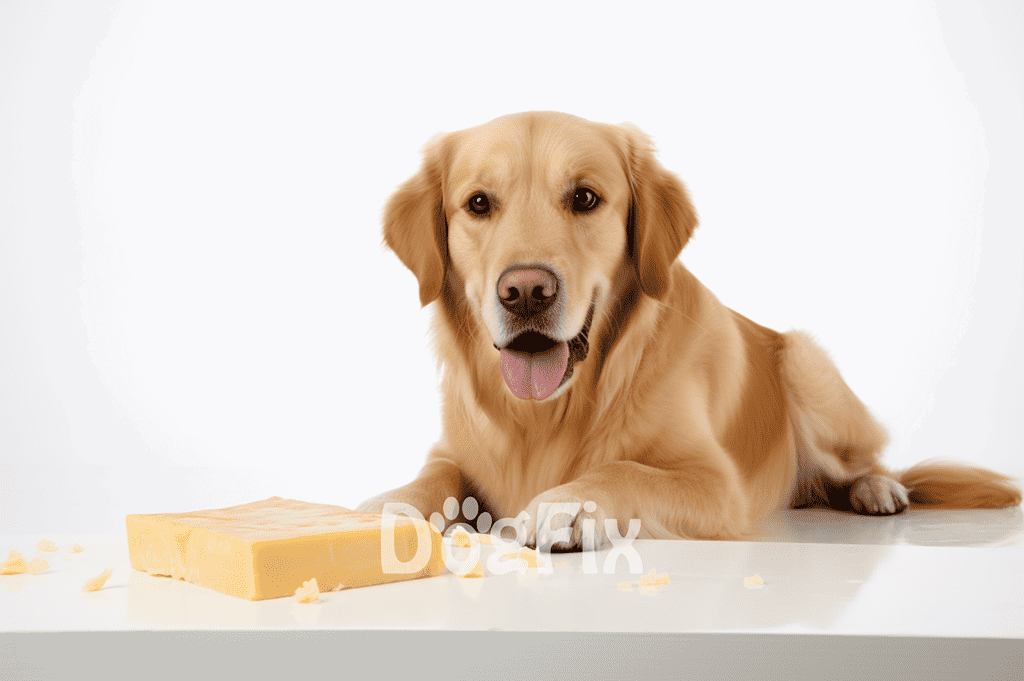 Friendly Golden Retriever with cheese on a white background, emphasizing dog treats and healthy dog food.