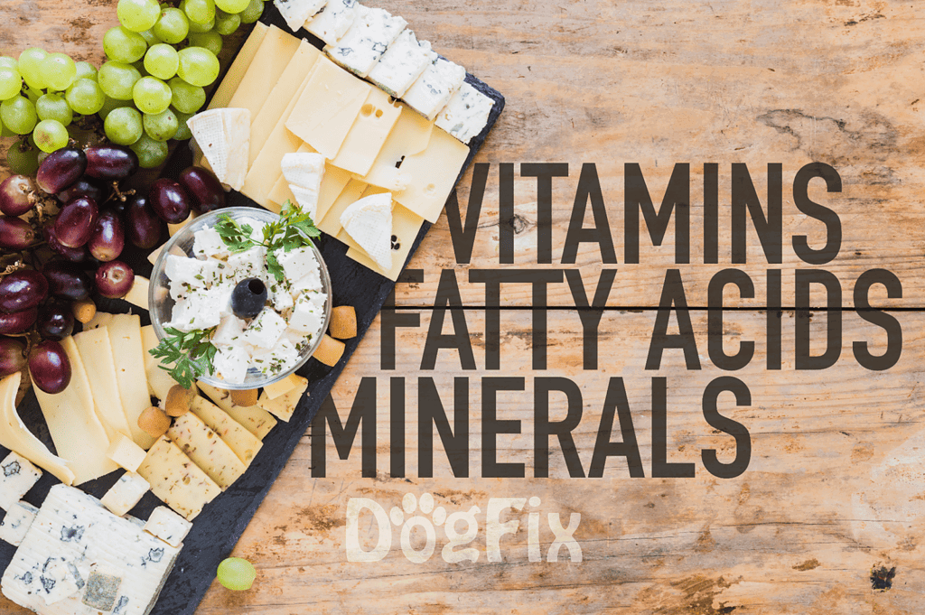 Nutritional cheese and fruit platter with grapes, blue cheese, and herbs for dogs.