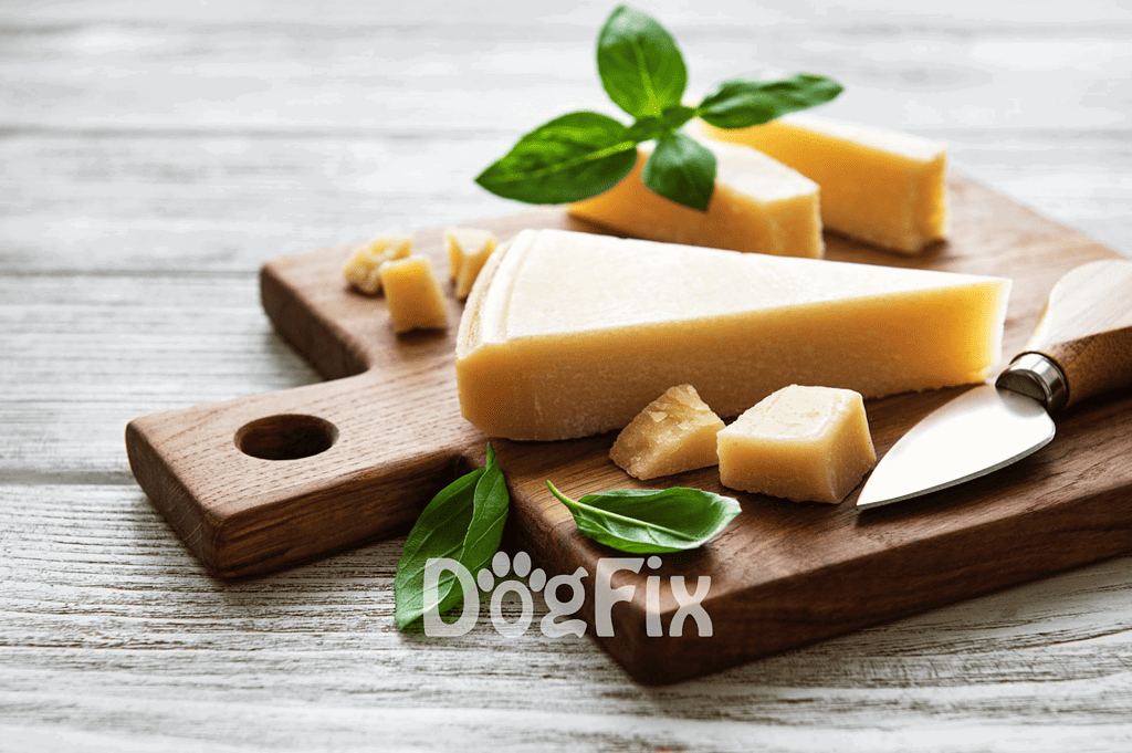 Fresh cheese with basil on a rustic wooden cutting board, suitable for dogs' treats.