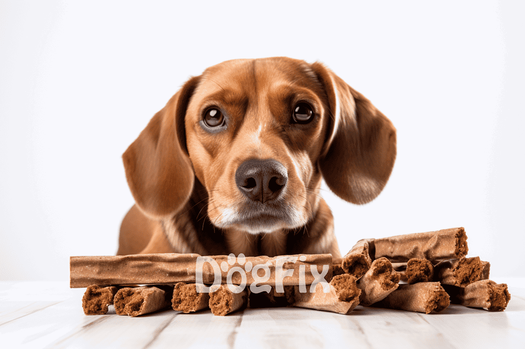 Adorable dog with chewy treats and bone sticks, perfect for pet nutrition and healthy dog snacks.