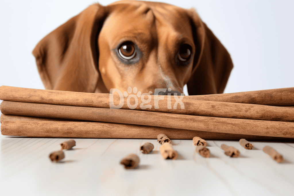Cute dog with brown fur eyeing dog treats on a table, ready to eat or play.
