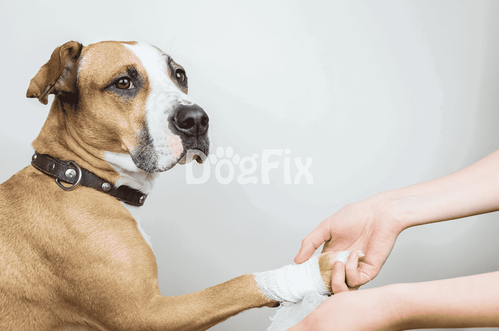 Dog with bandaged paw receiving care from owner, veterinary treatment for injury.
