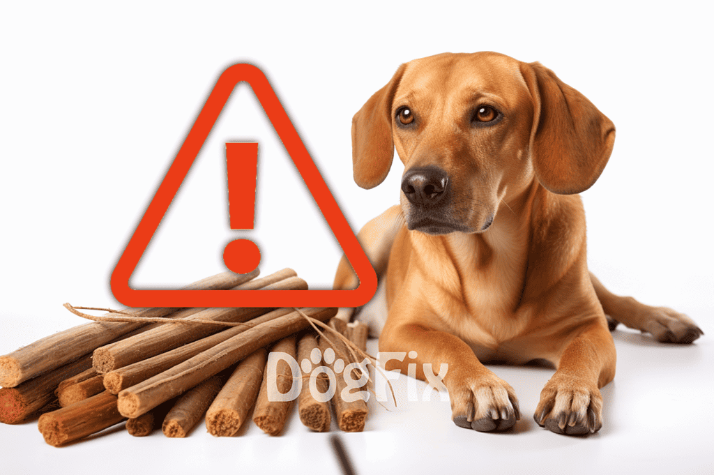 Dog licking wooden sticks with warning sign in the background, highlighting dog risk safety.