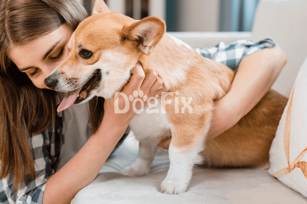 Adorable dog cuddling with owner on sofa, showing love and companionship, promoting pet care and bonding.