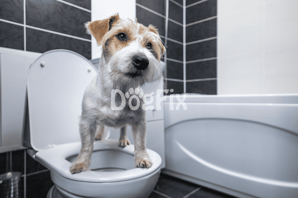 Cute dog in toilet training seat with bathroom tiles background.