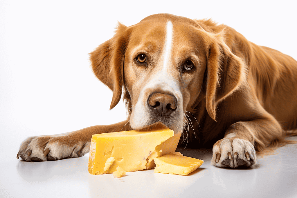 Dog with cheese and cheeseburger.