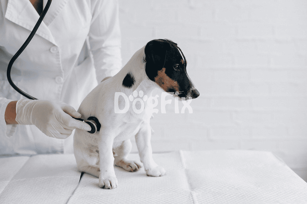 Vet checking puppy with stethoscope.