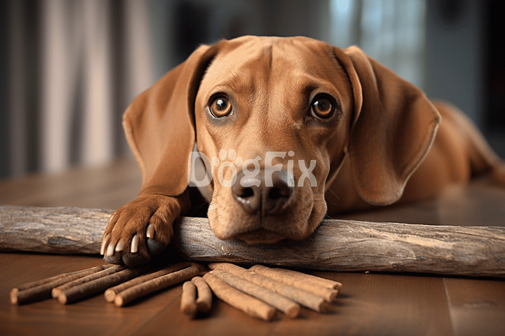 Dog lying on floor with chew sticks, close-up.