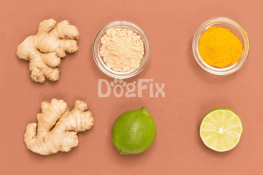 Fresh ginger root, turmeric powder, lime, and supplement powders on a pink background.