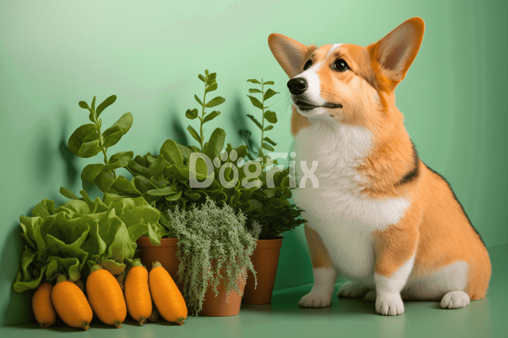 Vivid image of a Corgi dog next to potted herbs and vegetables on a green background.
