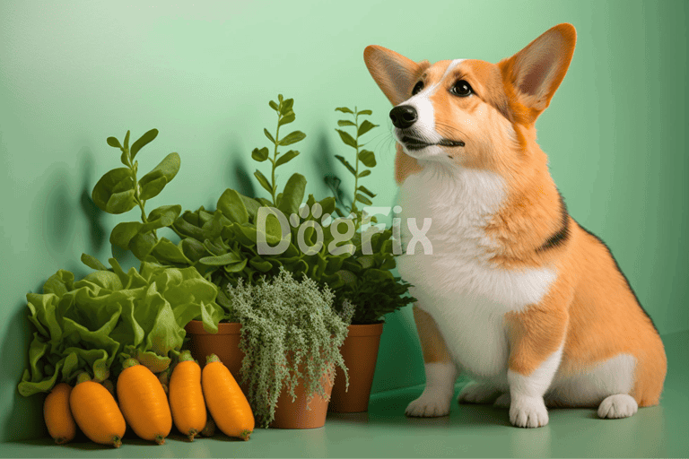 Vivid image of a Corgi dog next to potted herbs and vegetables on a green background.
