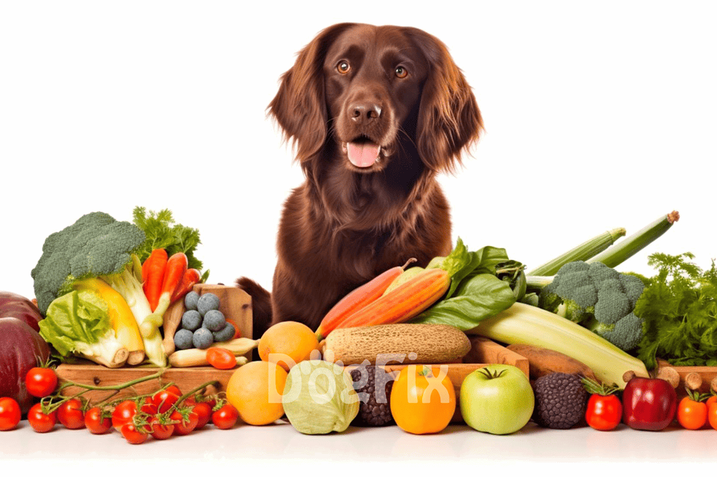 Dog with fresh vegetables and fruits for healthy diet.