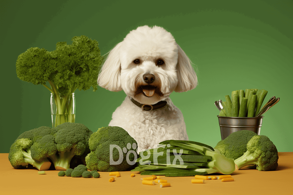Happy dog with fresh vegetables, broccoli, cucumber, and parsley for a healthy, balanced diet.