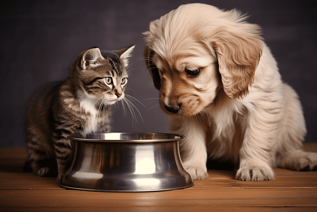 Adorable dog and kitten sharing a food bowl, highlighting pet companionship and love for dogs and cats.