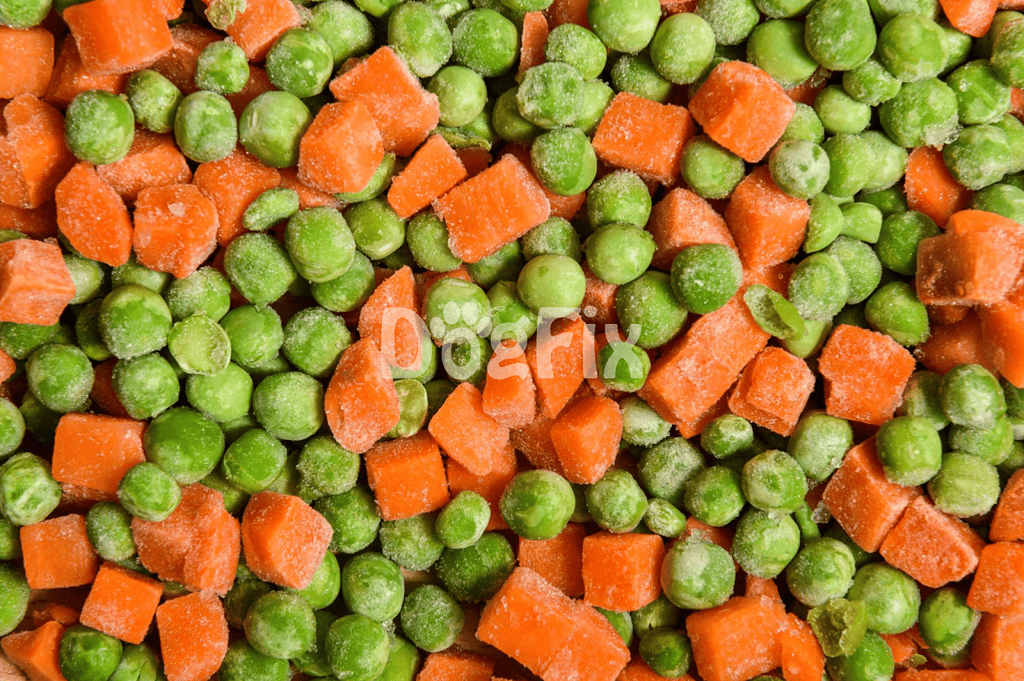 Frozen peas and carrots dog treats, healthy dog food ingredients, nutritious pet snacks.